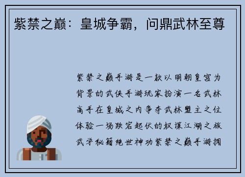 紫禁之巅：皇城争霸，问鼎武林至尊