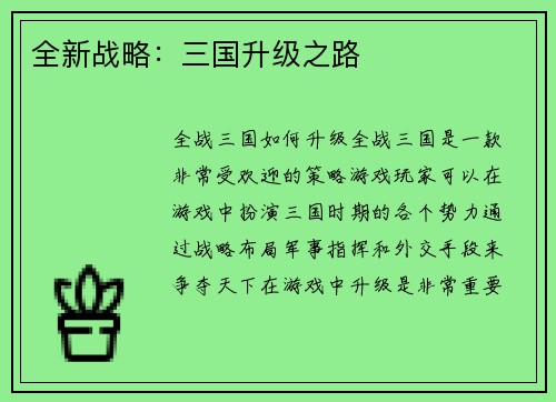 全新战略：三国升级之路